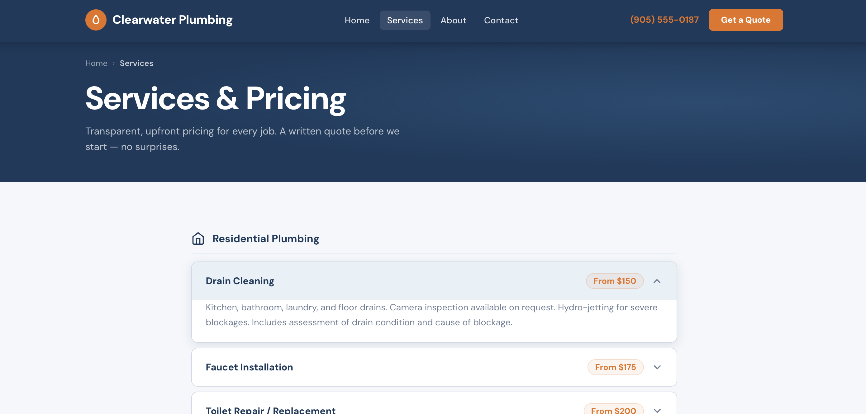 Clearwater Plumbing — Services page