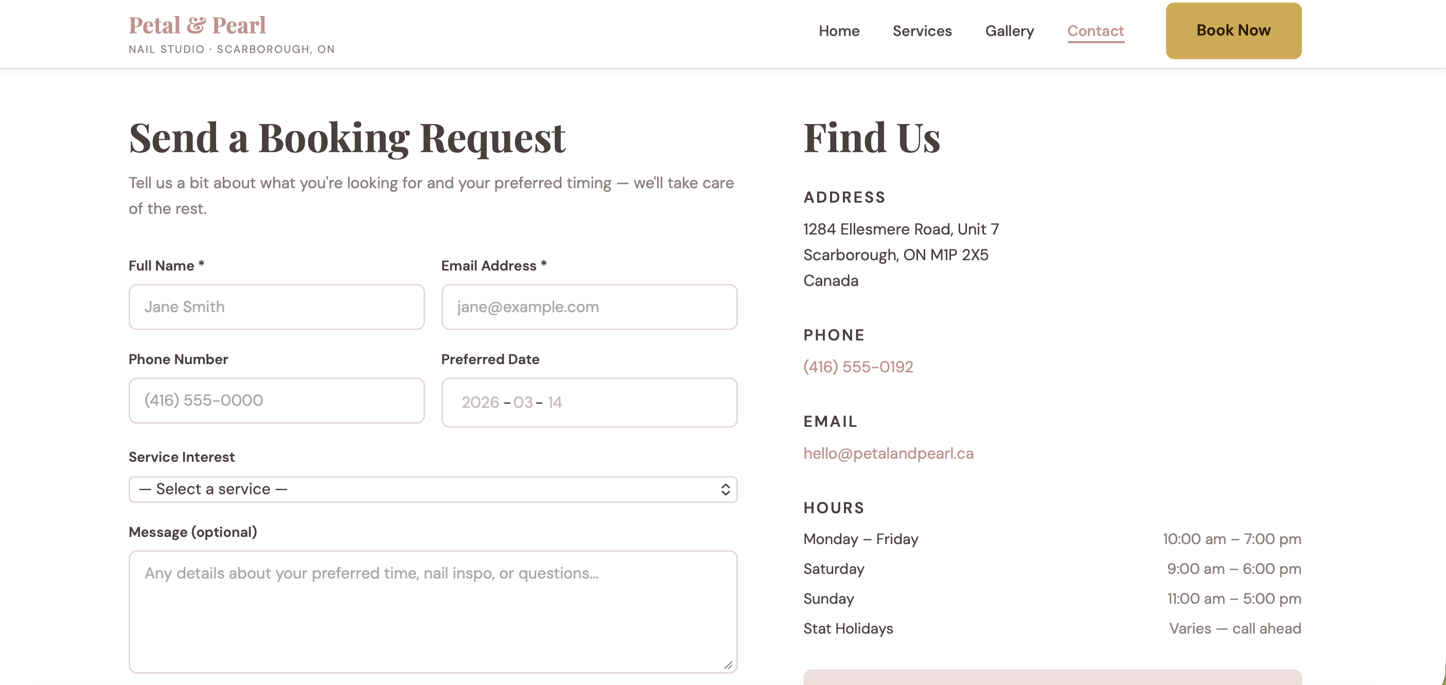 Petal & Pearl — Contact page