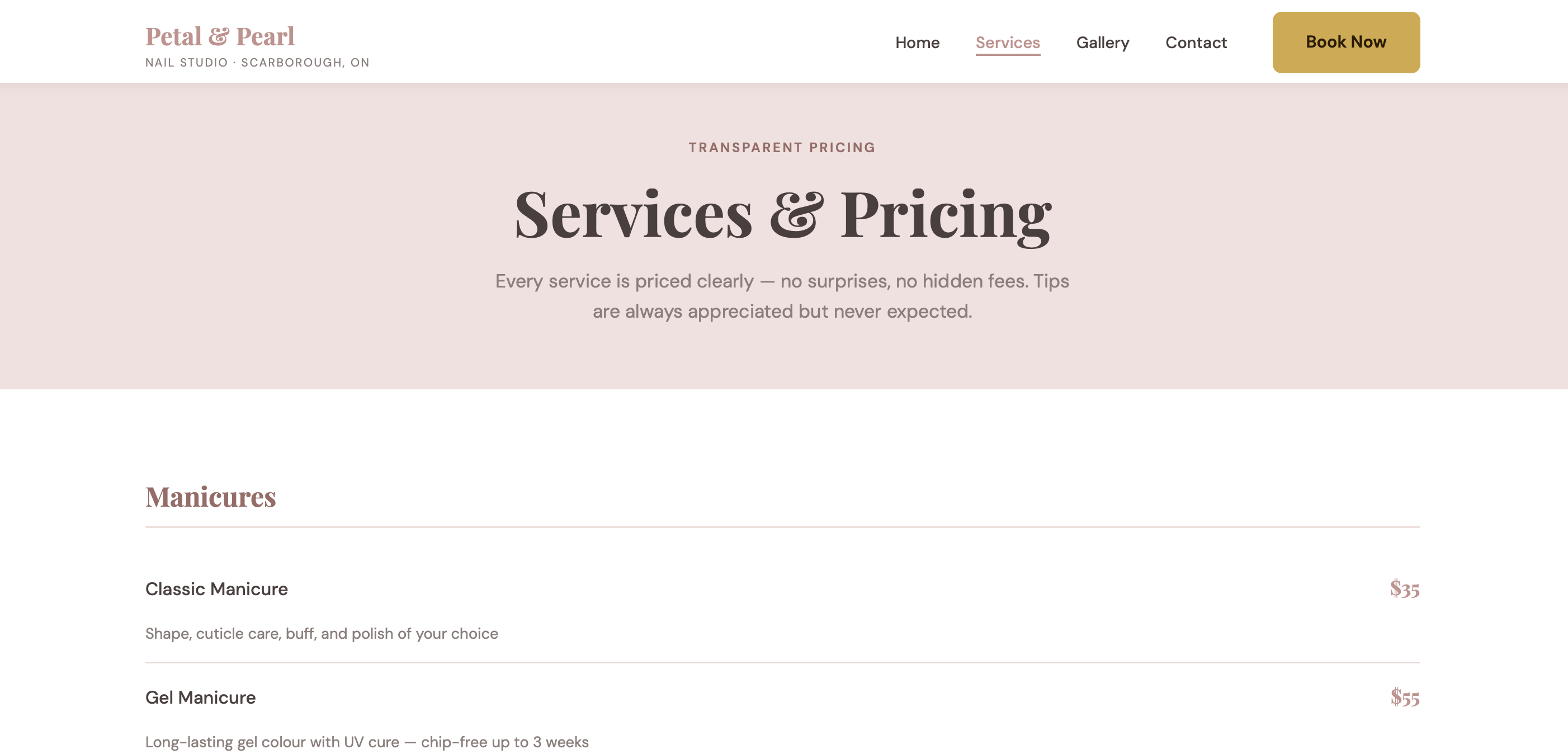 Petal & Pearl — Services page